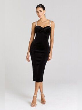 NADINE MERABI Eliza Embellished Straps Elegant Black Midi Dress